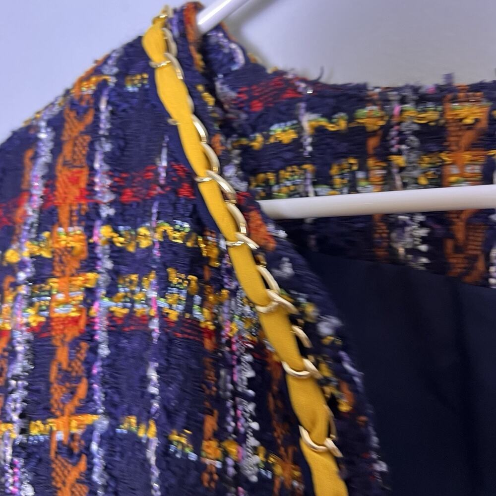 Chico's multicolor plaid tweed open-front jacket yellow braided trim Sz L - Picture 9 of 15